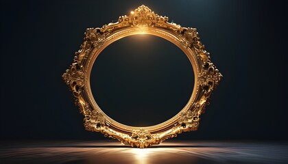 Wall Mural - Elegant Baroque Golden Frame Illuminated Against Dark Background for Creative Copy Space