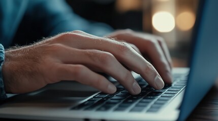 Poster - A close-up of hands typing on a laptop keyboard, emphasizing the act of writing or working on a computer in a cozy environment.