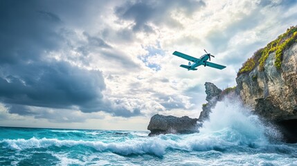 Wall Mural - Plane Flying Over Turquoise Ocean Waves and Cliffside