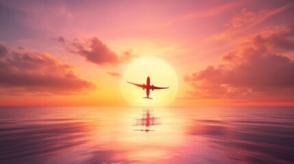 Wall Mural - Airplane Silhouette Against a Colorful Sunset Sky