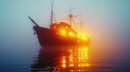 Sticker - Mysterious Ship Illuminated in Foggy Water Scene