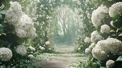 Wall Mural - White Flower Archway Leading to Misty Forest Path