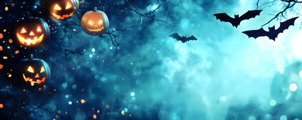 Poster - Halloween Background with Jack o Lantern Pumpkins and Bats