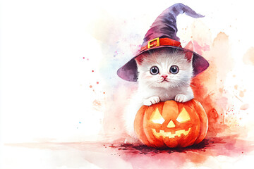 Halloween cute kitten in witch hat on white background. Funny cat sitting on spooky pumpkin jack o lantern. Watercolor cartoon illustration for greeting card, banner, poster