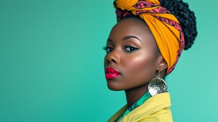 A woman with a yellow scarf on her head and red lipstick