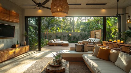 Friends relaxing in the living area of a private villa, sipping cocktails, open windows to a lush garden, warm sunlight illuminating the room, tropical breeze flowing through,