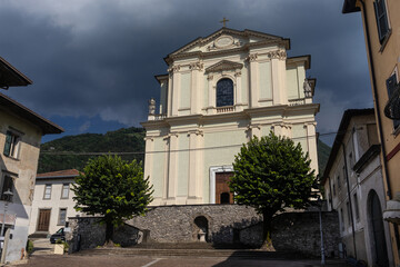 Exterior view of the 18th century church of Santa Maria Assunta, in the beautiful Lakeside town of Pisogne, Lombardy, Italy.