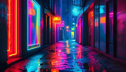 Wall Mural - Vibrant Neon Frame Brightens Urban Alleyway with Pulsating Colors and Reflections