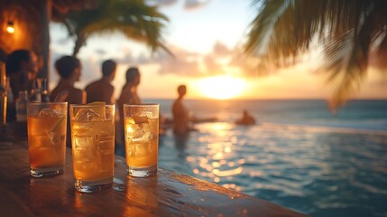 Wall Mural - A group of friends enjoying happy hour cocktails at a poolside bar in a tropical resort, the ocean visible in the distance, soft sunlight casting warm reflections on the pool,