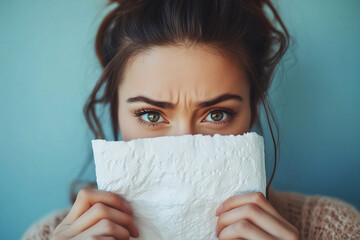 Young and sick woman with napkins paper for flu season, allergies or infection in home