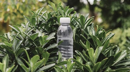 Wall Mural - A sleek water bottle nestled among lush green leaves, adorned with sparkling droplets, evoking a refreshing and natural feel.