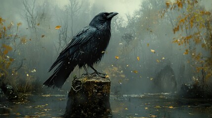 Wall Mural - Raven in the Mist: A Moody Forest Scene