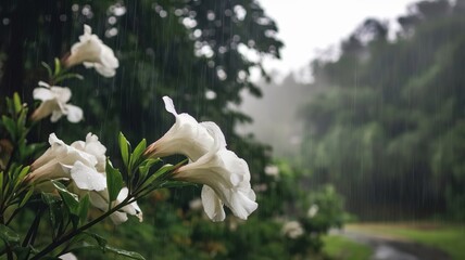 White flowers bloom gracefully in the rain, set against a soft, blurred green backdrop, capturing nature's peaceful beauty.