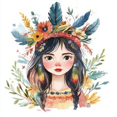 Wall Mural - Watercolor Girl Flower Crown.