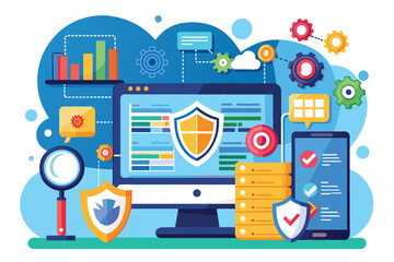 Poster - This flat illustration features a computer and smartphone displaying cybersecurity data analysis tools and graphics, Cybersecurity data analysis services, flat illustration.