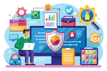 Poster - A person analyzes cybersecurity data using a laptop, surrounded by security icons and graphs illustrating insights, Cybersecurity data analysis services, flat illustration.