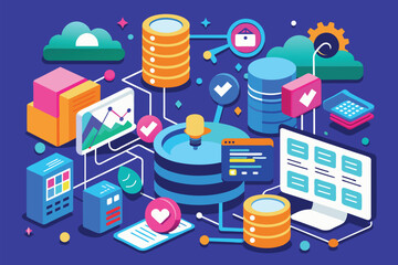 Poster - An illustration depicting data processing, analysis, and management elements, highlighting connections and interactions, Data analysis and database management illustration.