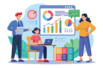 Poster - A team discusses data analysis with charts and graphs displayed on a digital screen while seated, Data analysis presentation with a simple illustration.