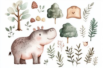 Canvas Print - Cute Hippo & Forest.