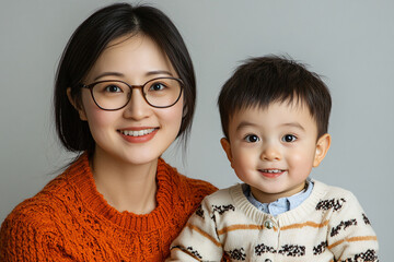 Wall Mural - Young Chinese mother and cute son interacting and smiling in front of a plain background, dressed in simple clothes, during a family photo portrait shoot.