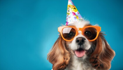 cute dog with funny sunglasses and happy birthday party hat invitation card