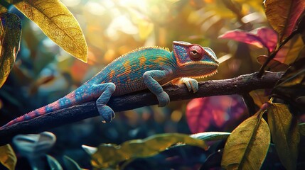 Sticker -   A vibrant chameleon perched on a tree limb amidst a lush tropical jungle, surrounded by verdant foliage