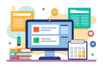 Poster - A digital workspace features a computer displaying data entry tools surrounded by office supplies and icons, Data entry tool, simple illustration