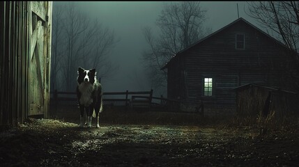 Canvas Print -   A black and white dog stands in front of a barn on a foggy night The barn is visible in the background