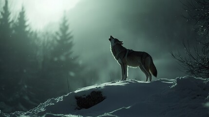 Canvas Print -   A lone wolf stands atop a snow-covered hill, surrounded by a dense forest of tall, evergreen trees