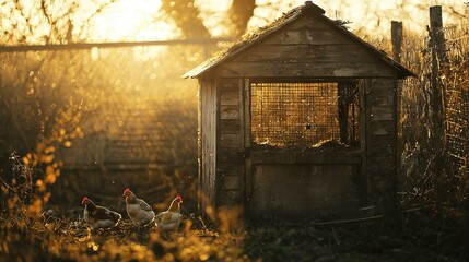 Wall Mural -   A flock of hens gathered near a rustic farmhouse featuring a glass pane