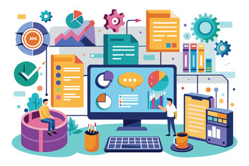 Poster - professionals engage in data input activities, analyzing trends with graphs and collaborative visual