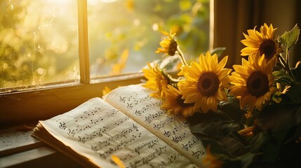 Poster -   Sunflowers on a windowsill with open book and sheet music nearby