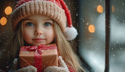 A girl in a festive hat holds a gift by a window with snow.