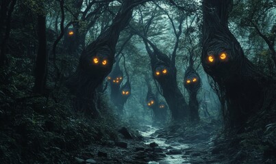 Canvas Print - Glowing eyes in dark, twisted trees.