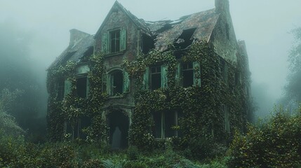 Sticker -   An old house, overgrown with vines and ivies, stands amidst a fog-laden, tree-lined area