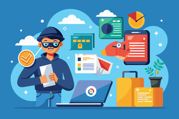 Poster - A hacker in a hoodie uses a laptop to steal data while surrounded by digital icons representing theft, Data theft, simple illustration