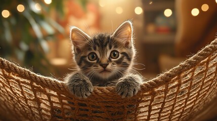 Sticker -   A kitten rests in a hammock, pawing it and gazing at the camera