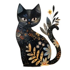  Artistic Cat Illustration with Floral Patterns - Decorative Black Cat Drawing for Creative Designs