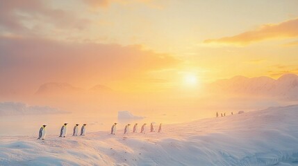 Canvas Print -   A group of people stand atop a snow-covered slope beneath a cloudy sky, with the sun in the background