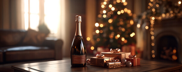 A festive scene featuring bottle of champagne on wooden table, surrounded by beautifully wrapped gifts and decorated Christmas tree in background. warm lighting creates cozy and celebratory atmosphere