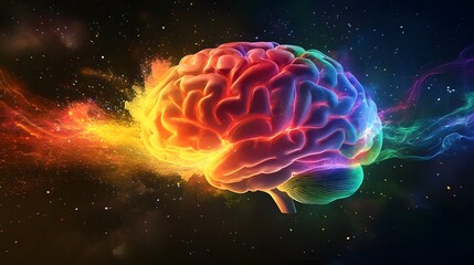 Poster - A Rainbow-Colored Brain with Glowing Lines and Sparks