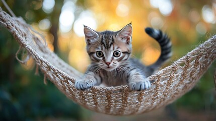 Poster -   A cat is lounging in a hammock, facing the camera curiously