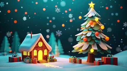 Poster -   A Christmas tree and presents in front of a small house with a Christmas tree in the foreground and snow falling on the ground