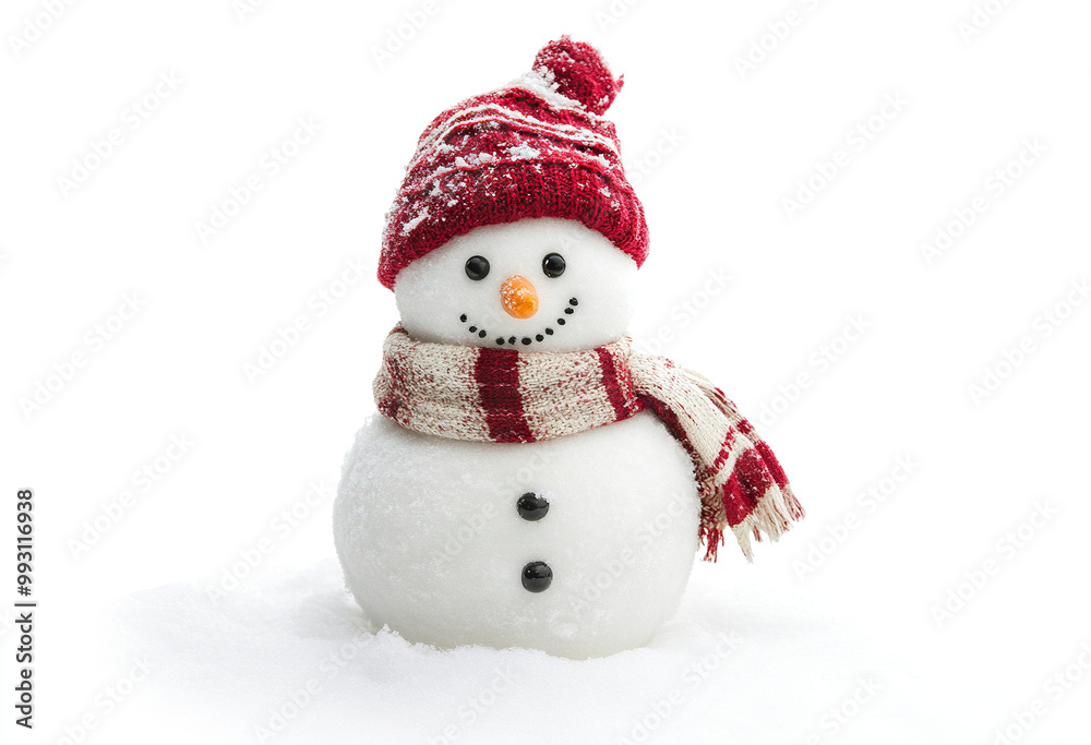 Smiling snowman in red hat and scarf, standing in snow, isolated on ...