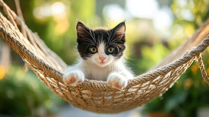 Poster -   Black-and-white kitten relaxing in hammock with paws on edge