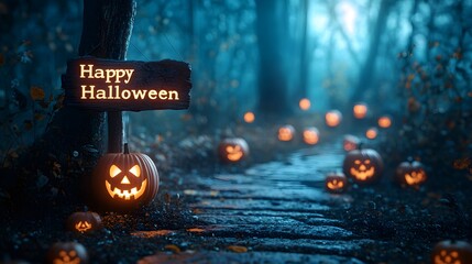 Wall Mural - dark forest path with jack-o-lanterns lighting the way and a text - 