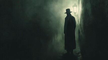 Sticker -   A man in a lengthy coat and top hat stands in a dim alley with a lit lantern on a misty evening