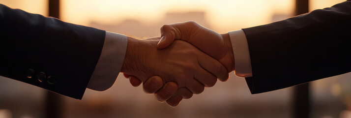 A professional handshake symbolizes agreement and collaboration, set against warm sunset backdrop. This moment captures essence of partnership and trust in business