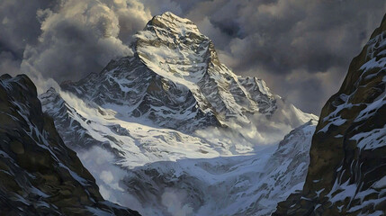 Sticker -   A snow-covered mountain with clouds above and a bird flying over it is depicted in this painting