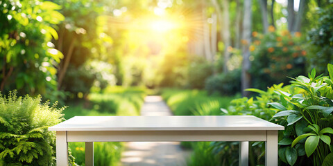 White table and blurred garden background for product display